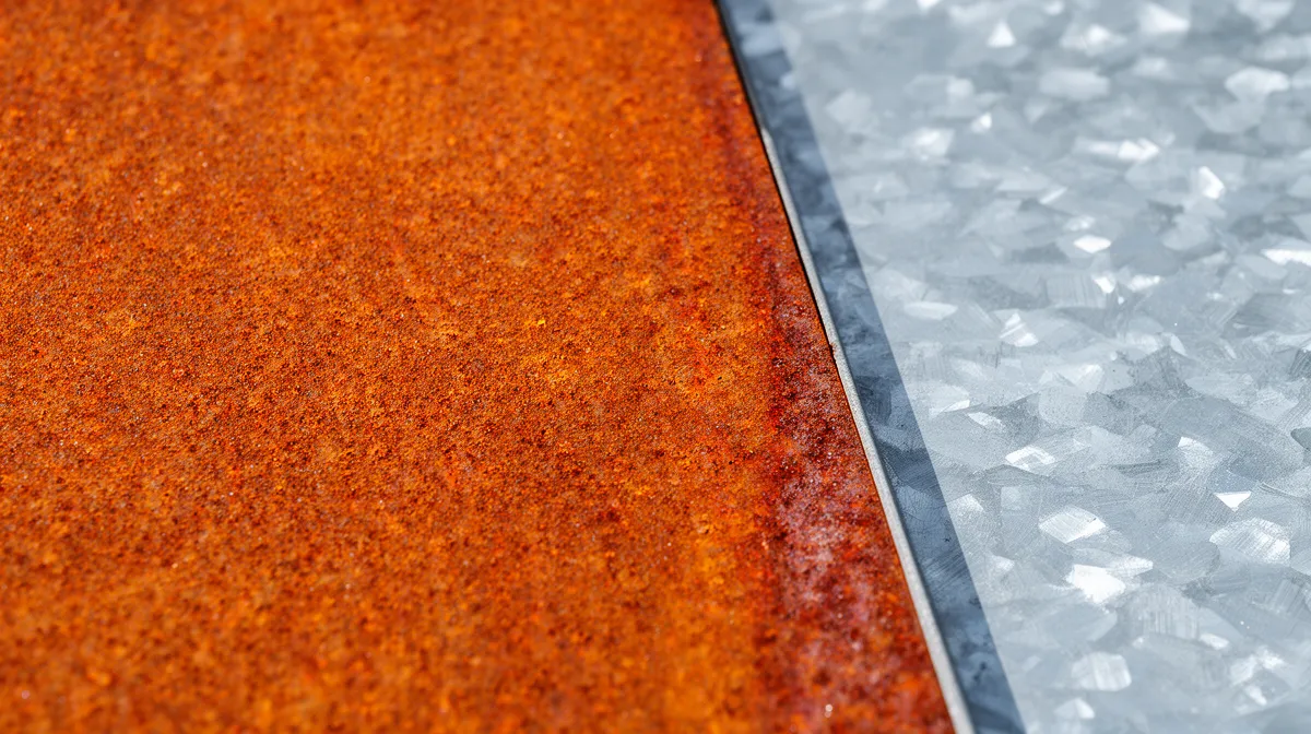 Texture rugueuse et rougeâtre de métal rouillé, contrastant avec la surface lisse et cristalline de glace.