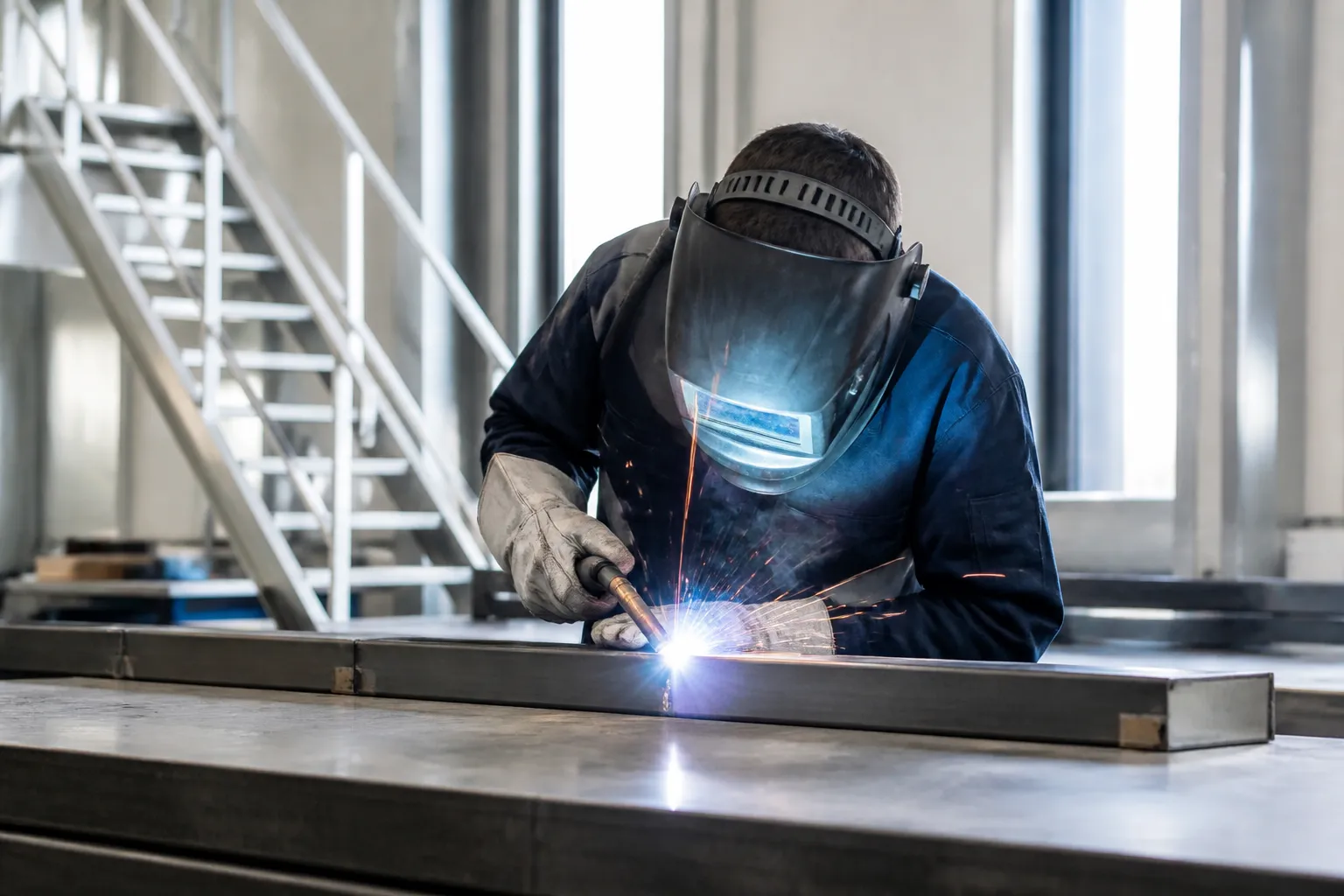Soudeur travaillant avec un équipement de protection dans un atelier industriel.