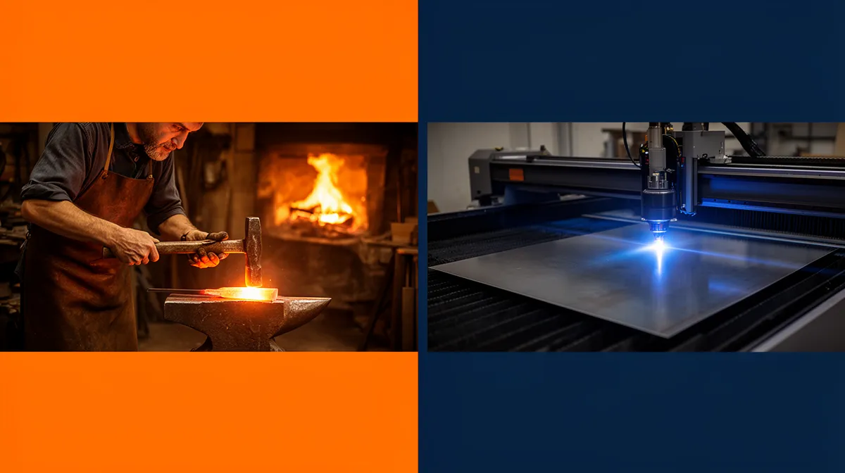 Forgeron forgeant le métal dans une forge, imprimante laser découpant le métal.