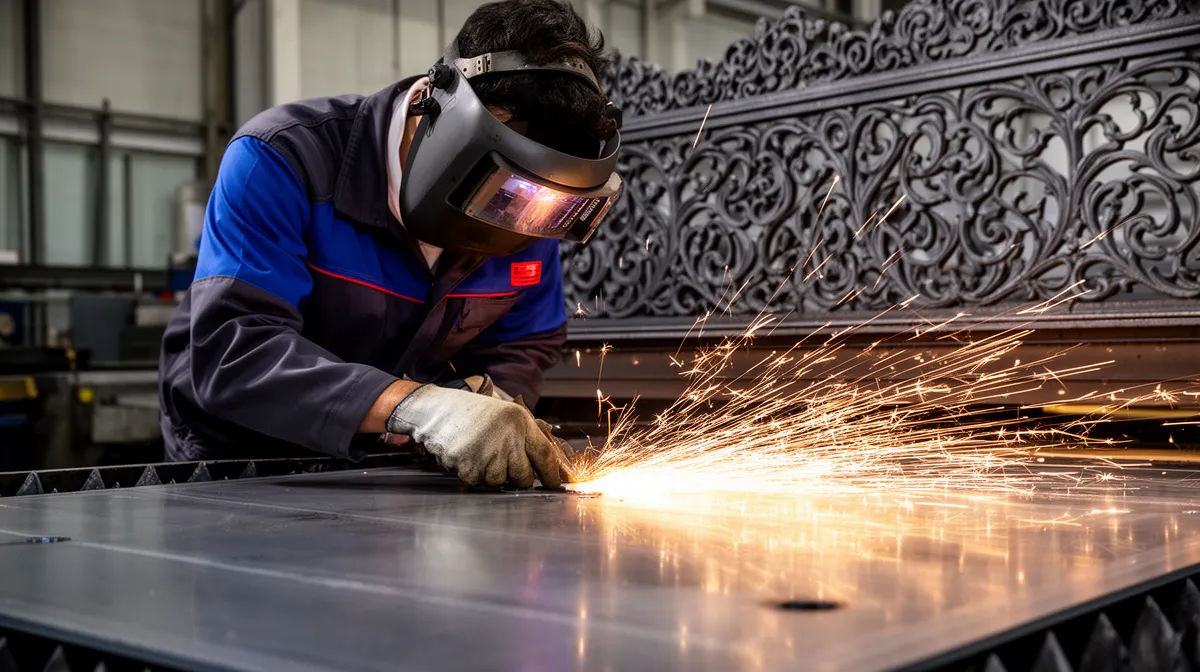 Travailleur soudant une surface métallique avec des étincelles.