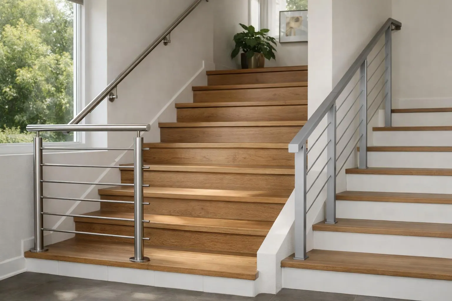 Escalier en bois avec rampe en métal dans un intérieur lumineux.