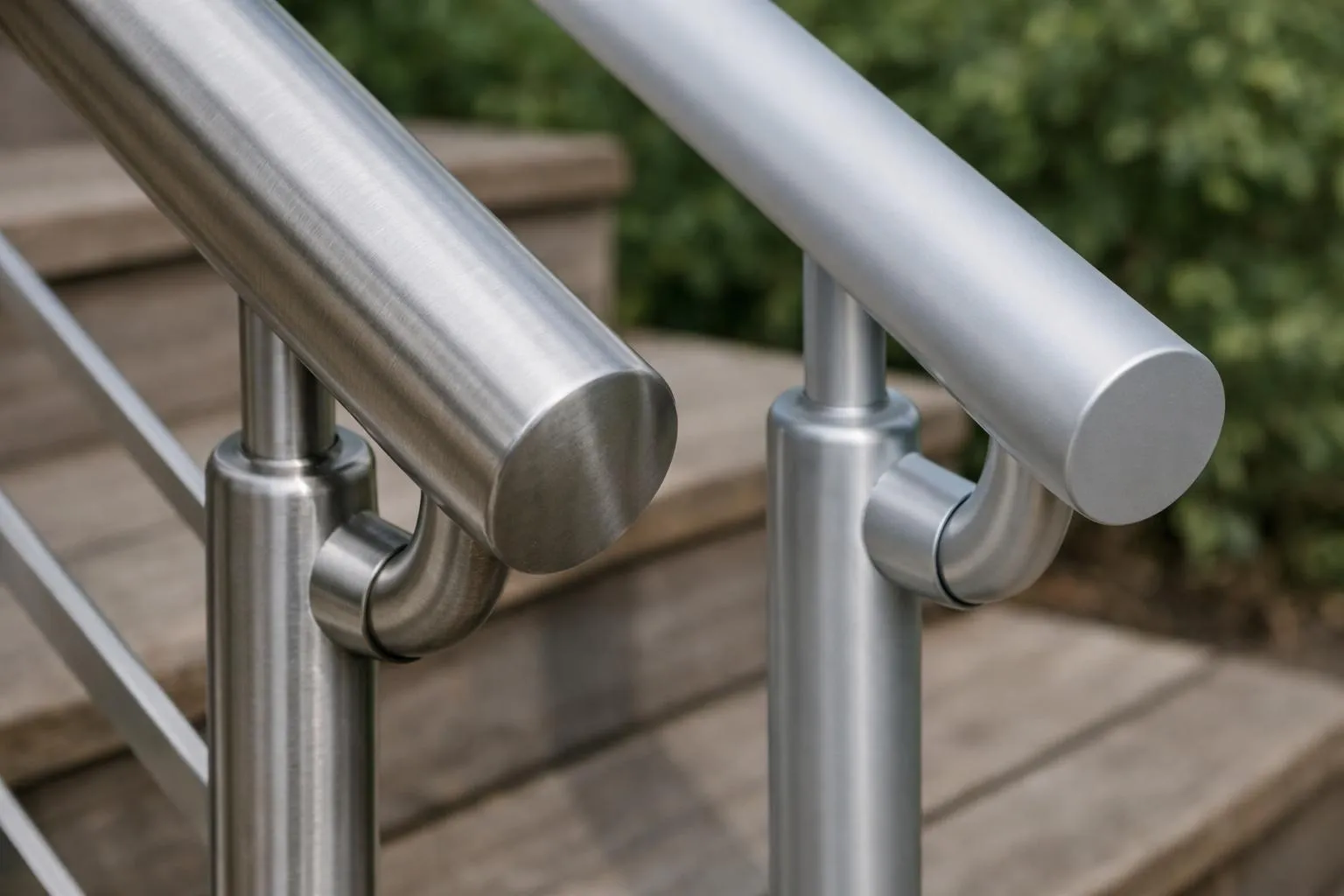 Rampe d'escalier en métal argenté avec barres cylindriques.