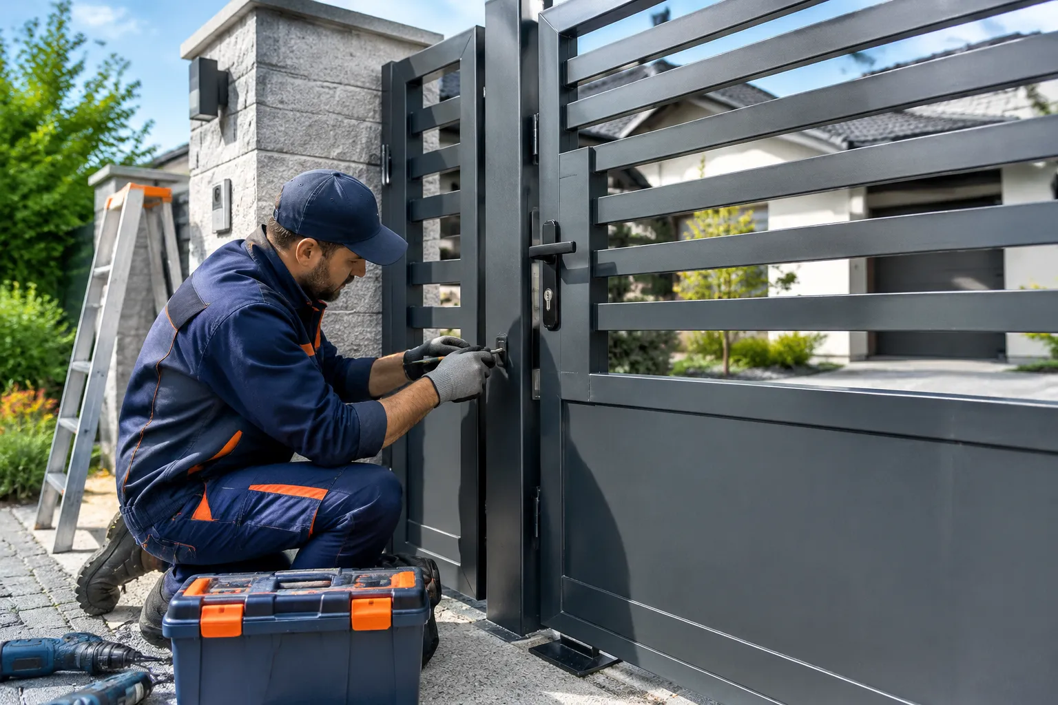 Technicien installant la serrure d’un portail métallique résidentiel.