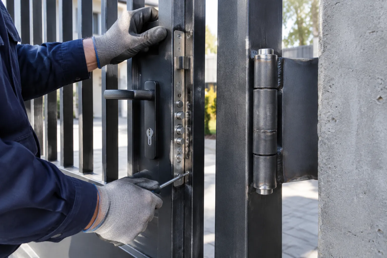 Technicien répare la serrure d’un portail métallique extérieur.