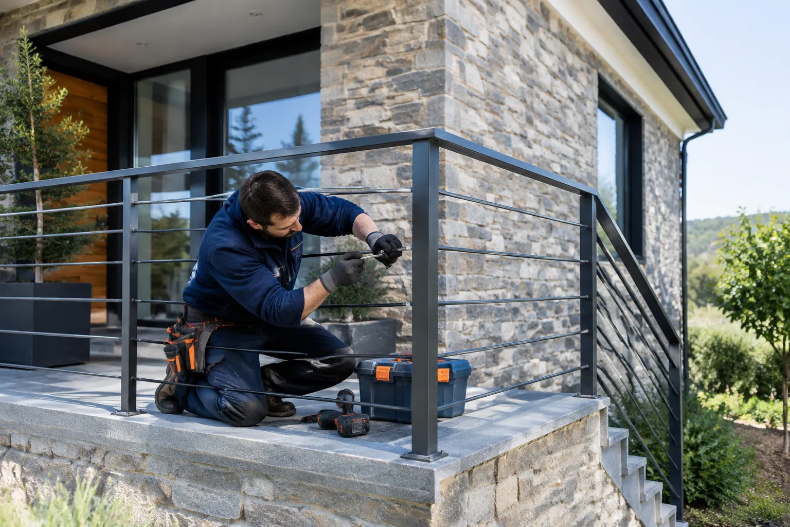Installateur fixe la rampe métallique d’une terrasse moderne en pierre