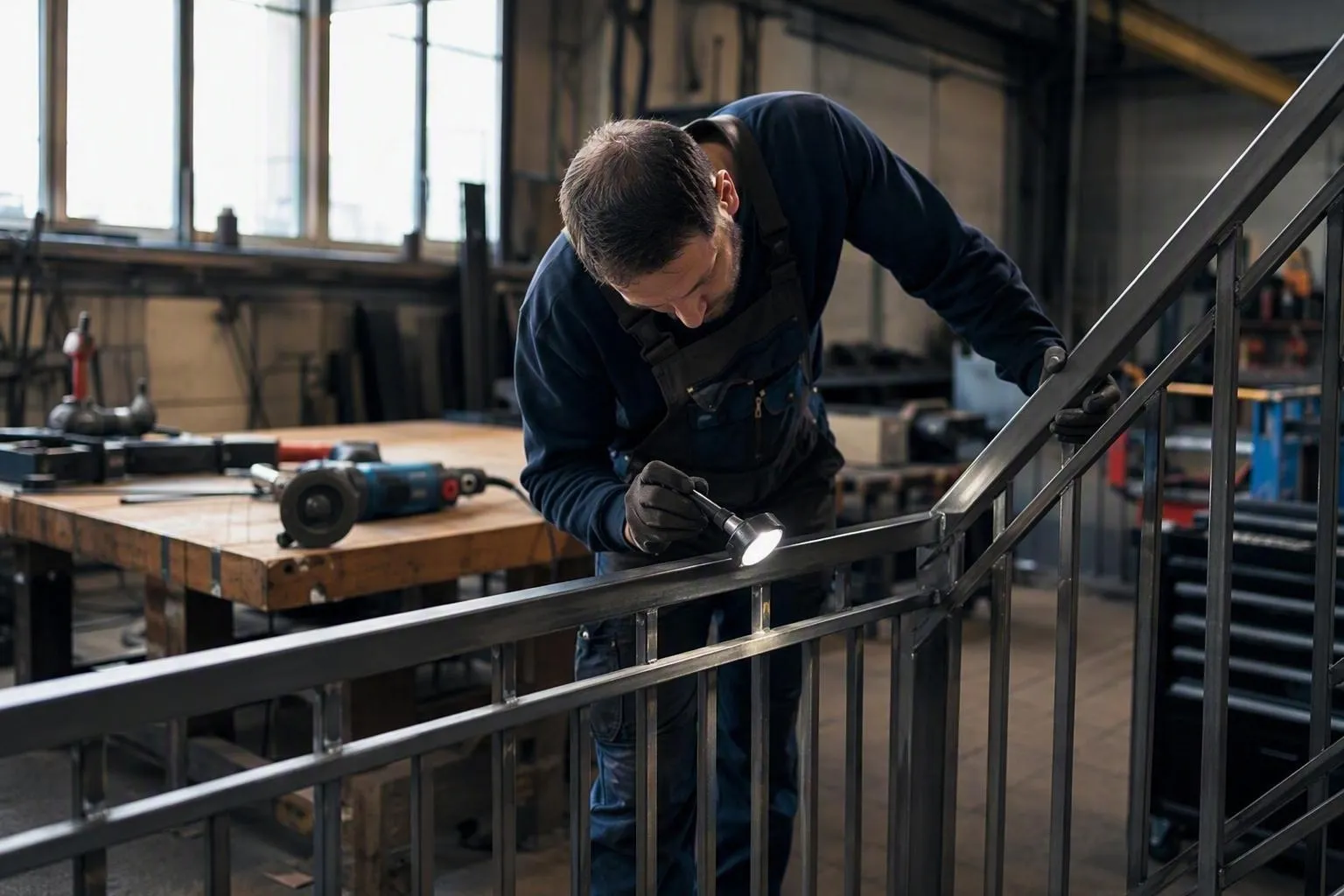 Métallier inspectant une rampe d’escalier métallique en atelier.