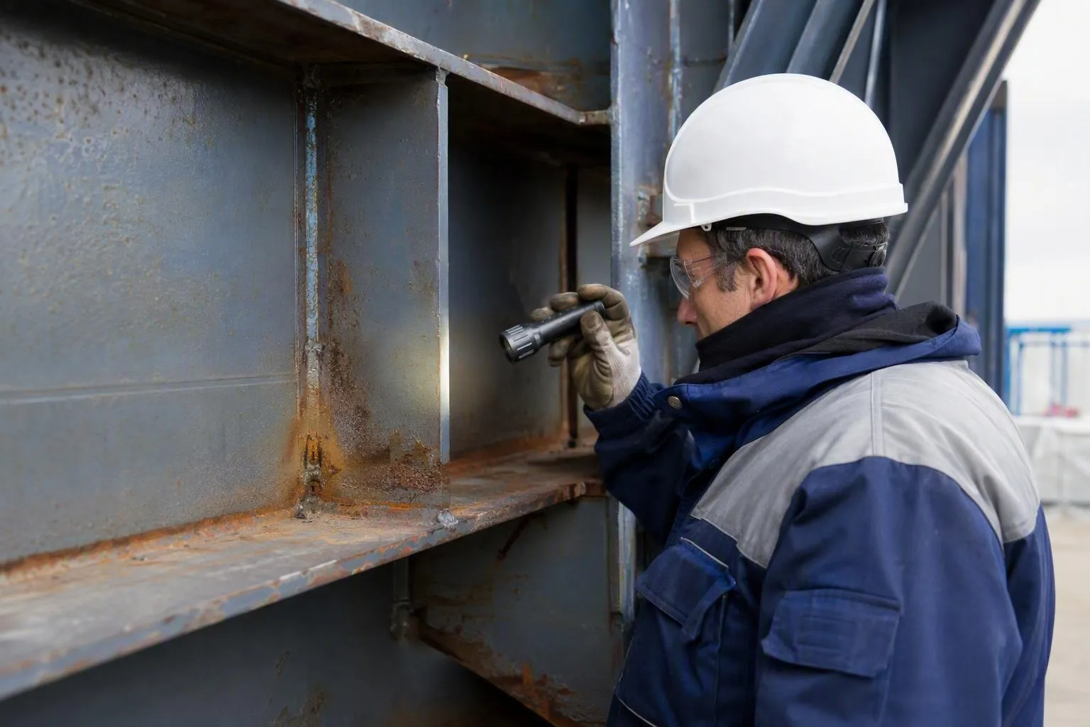 Inspecteur en casque examine une structure métallique rouillée.