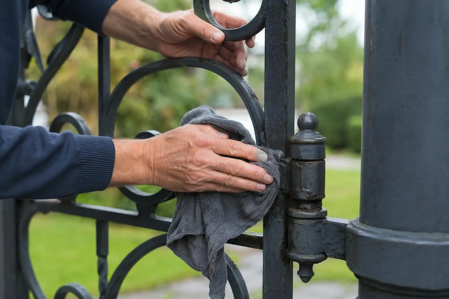 Mains nettoyant une charnière de portail en fer forgé
