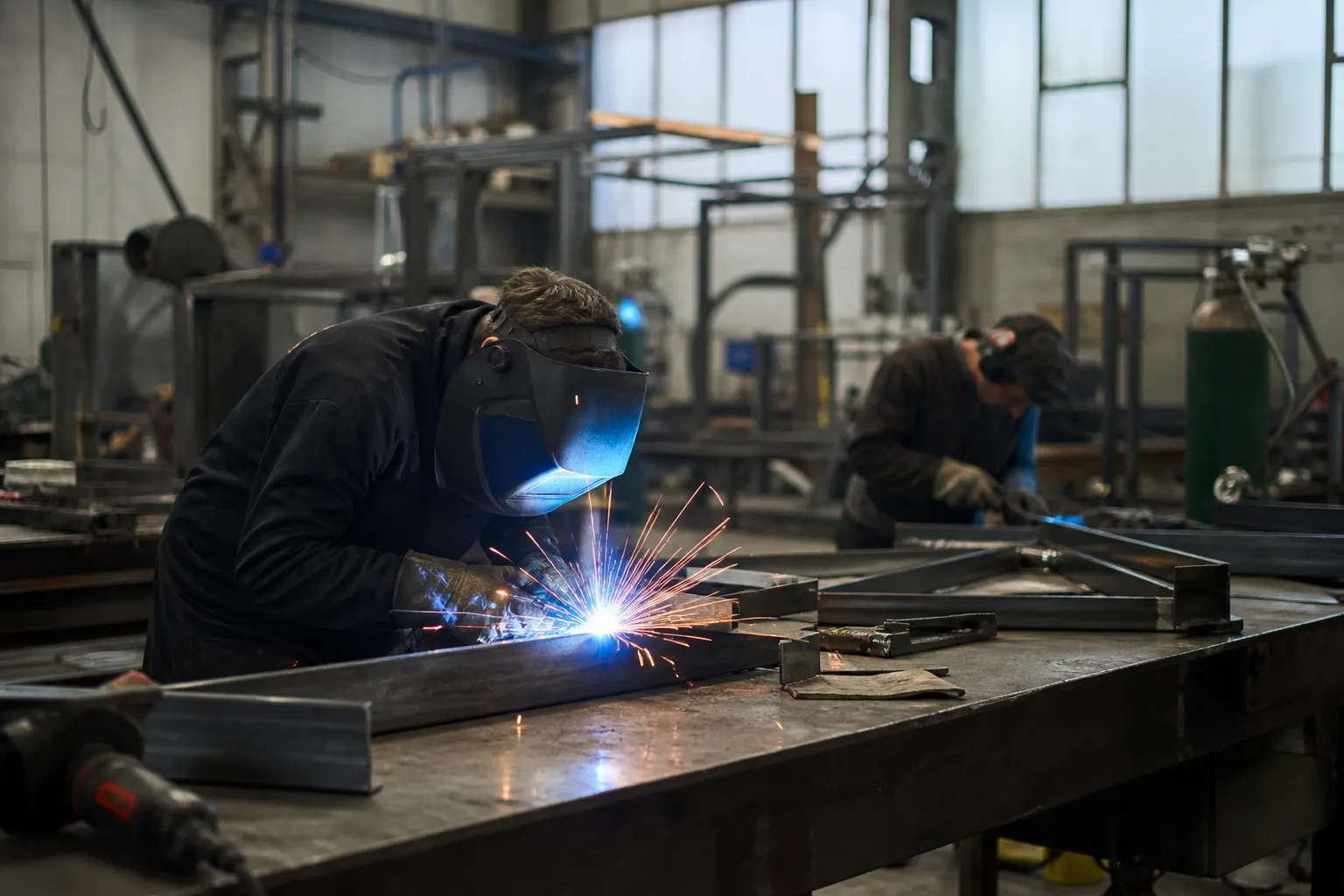 Soudeur travaillant sur une pièce métallique dans un atelier industriel.
