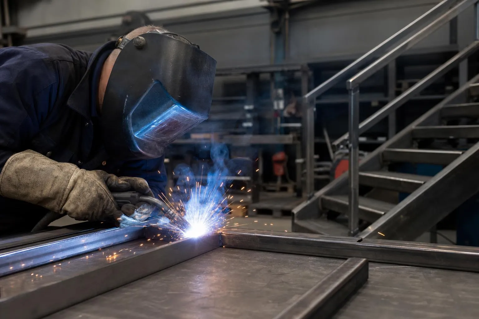 Soudage industriel avec étincelles bleues et métal en fusion.