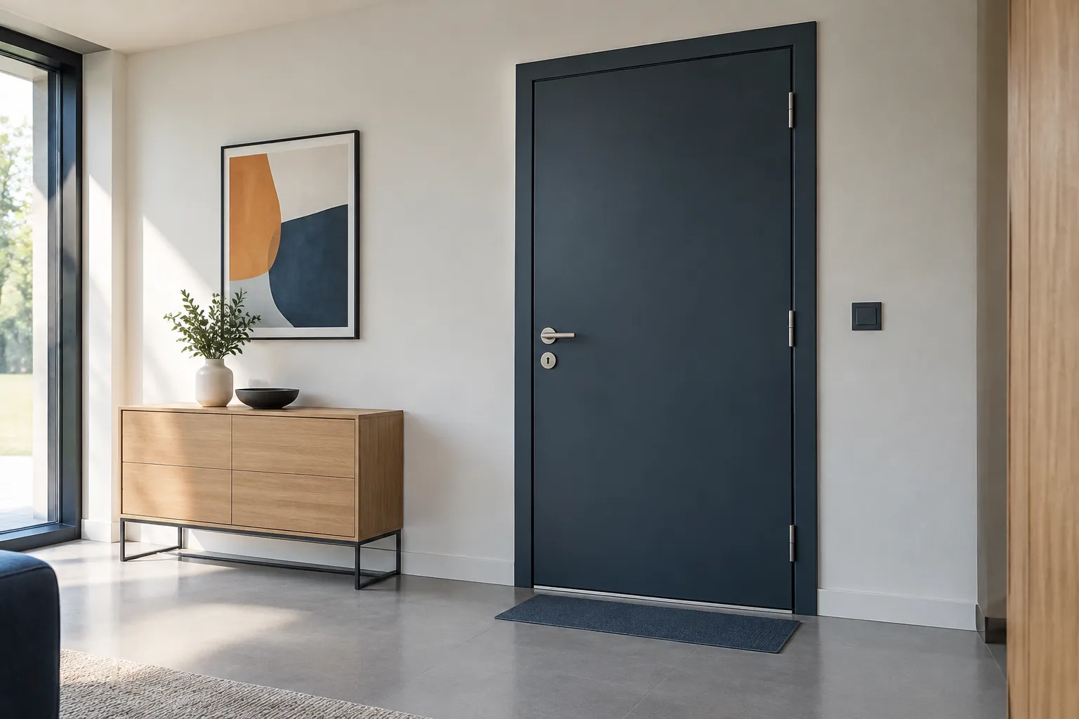 Entrée moderne avec porte bleu nuit, buffet en bois et plante.