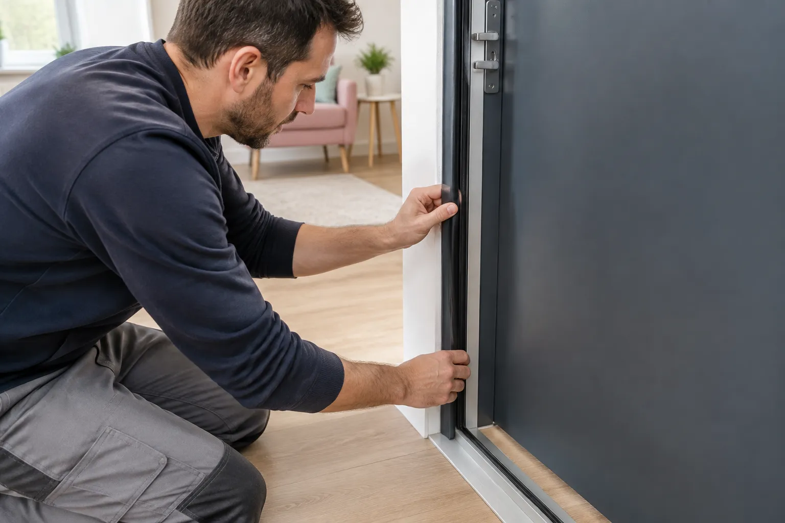 Homme installant un joint sur une porte d’entrée moderne