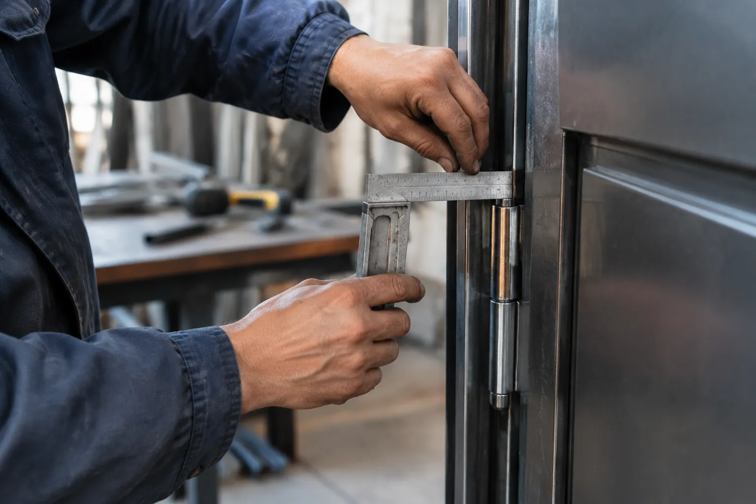Technicien mesurant l’alignement d’une charnière de porte métallique