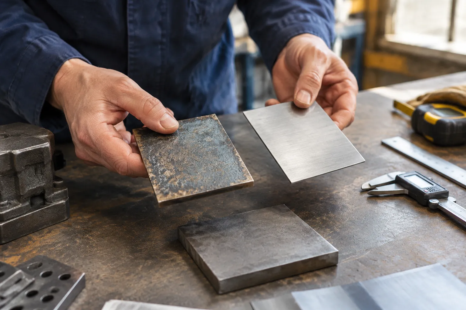 Ouvrier comparant deux plaques métalliques dans un atelier.