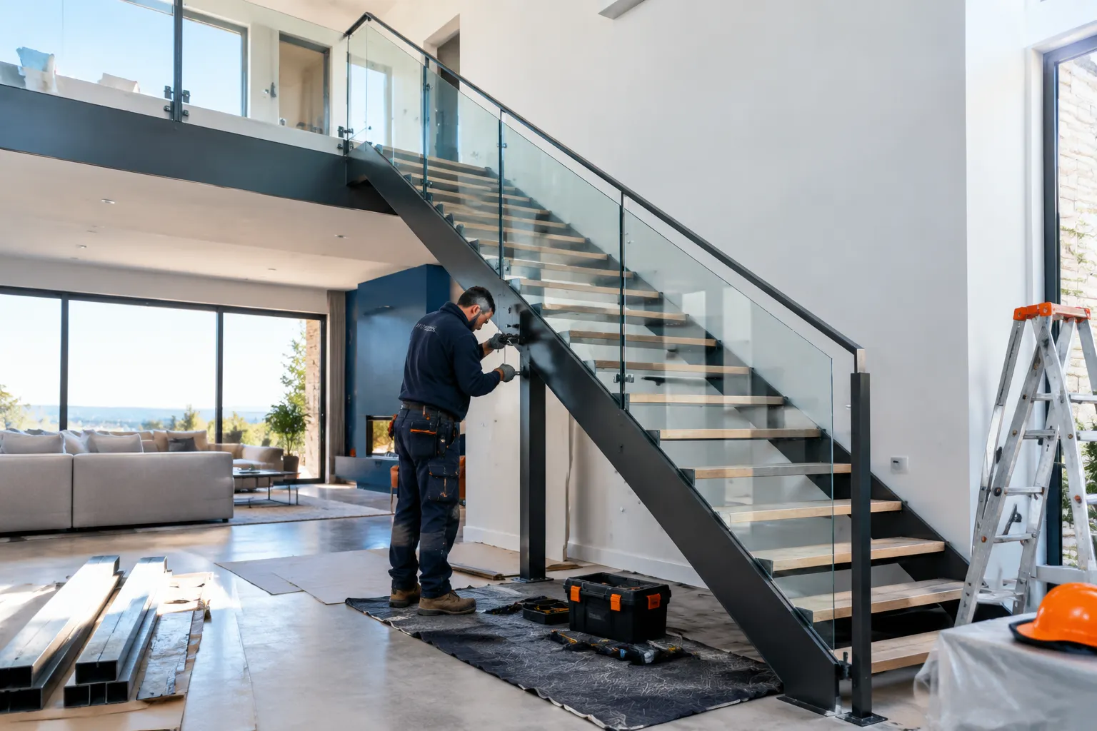 Installation d’un escalier moderne par un ouvrier dans un intérieur lumineux