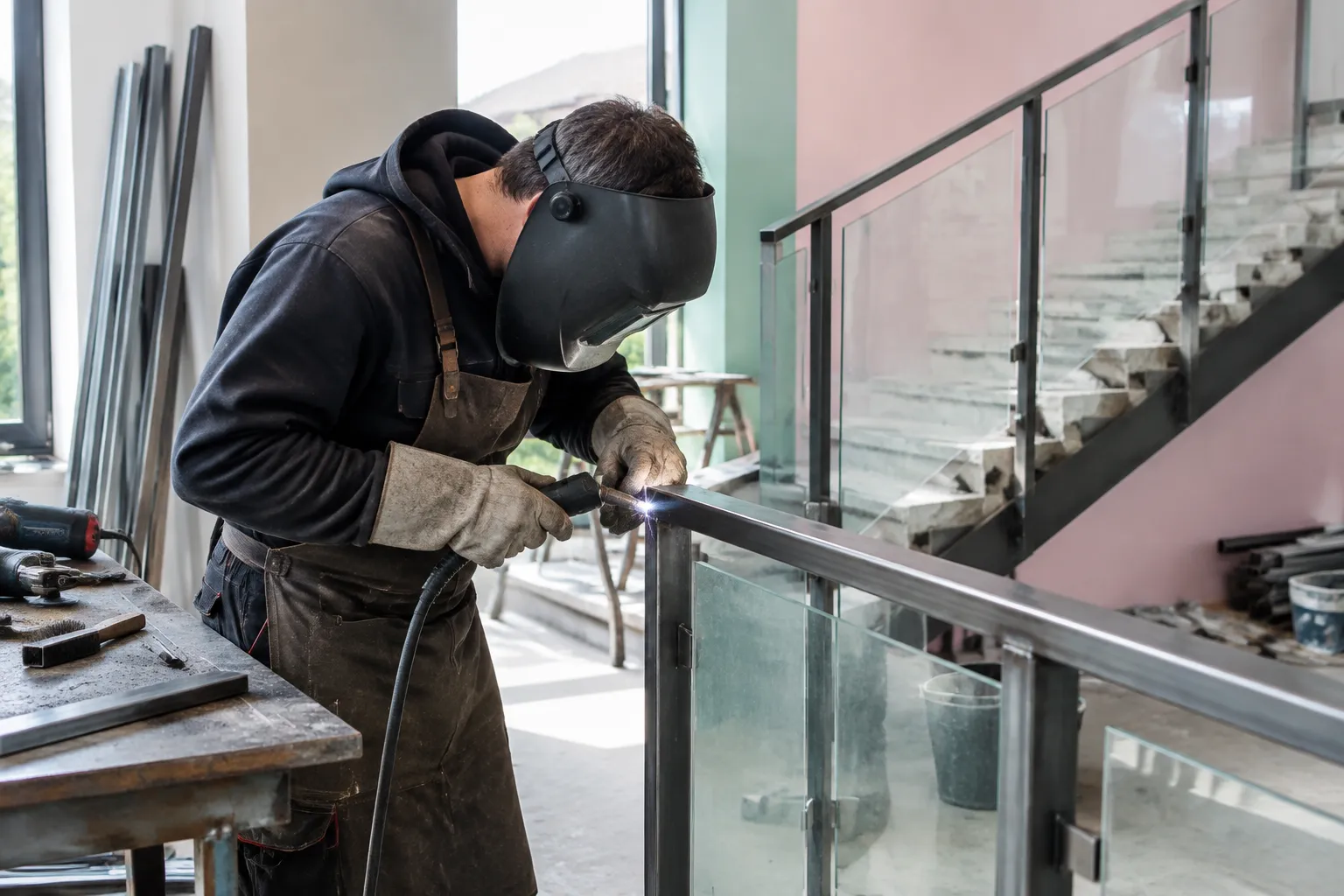 Soudeur en casque assemblant une rampe d’escalier métallique intérieure
