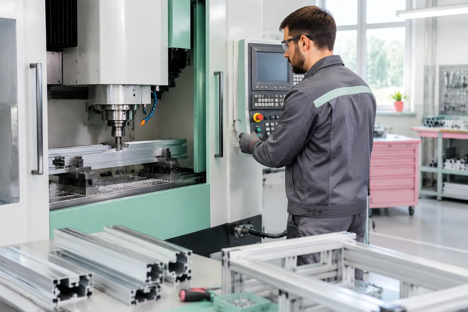 Opérateur usine pilotant une fraiseuse CNC industrielle.