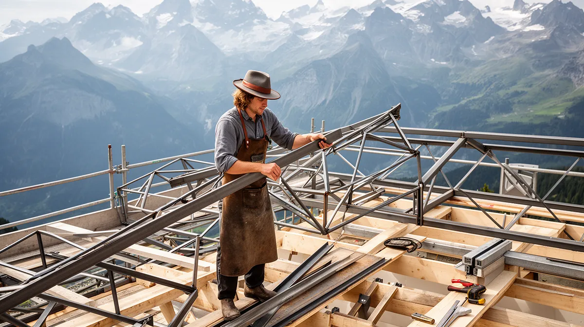 norme SIA construction métallique suisse, ouvrier inspecting metal framework chantier