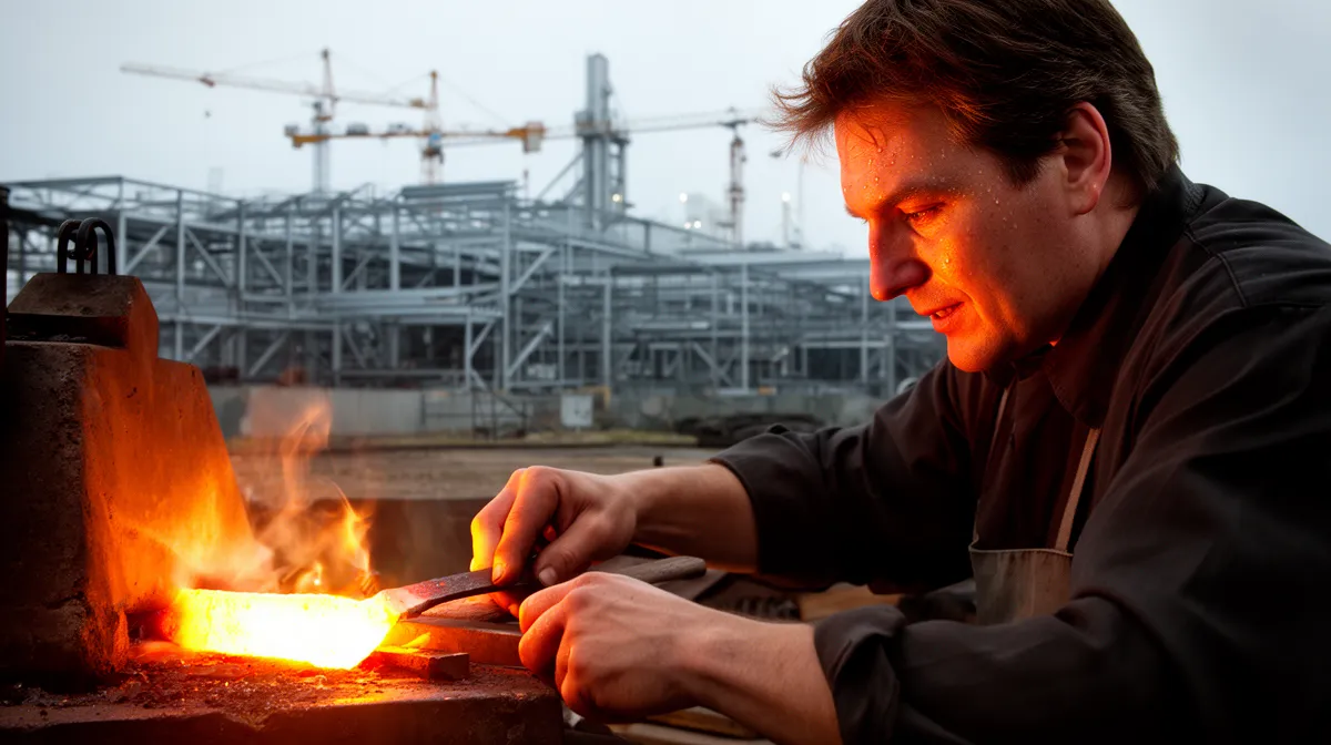 "Forge artisanale vs construction métallique industrielle : un artisan au travail dans une forge traditionnelle avec une usin