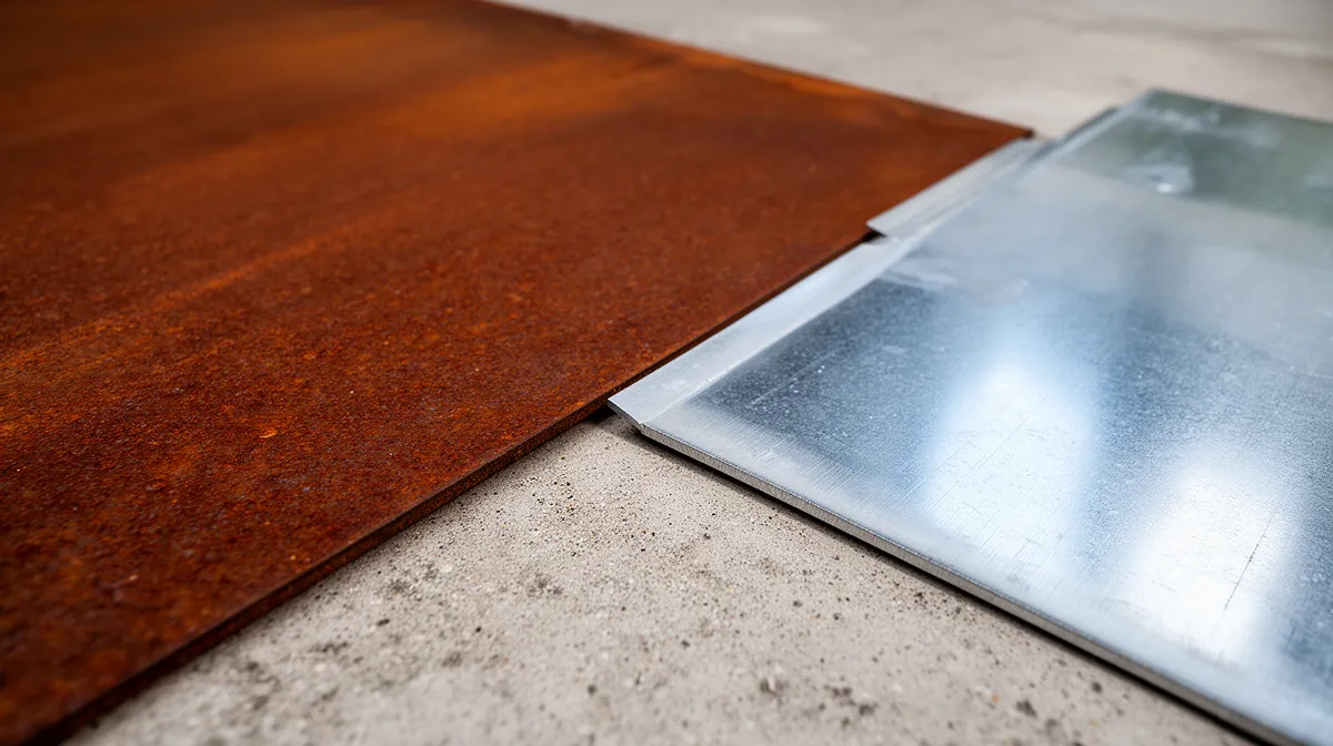 Acier Corten vs acier galvanisé extérieur, comparaison de plaques métalliques rouillées pour une utilisation en extérieur.