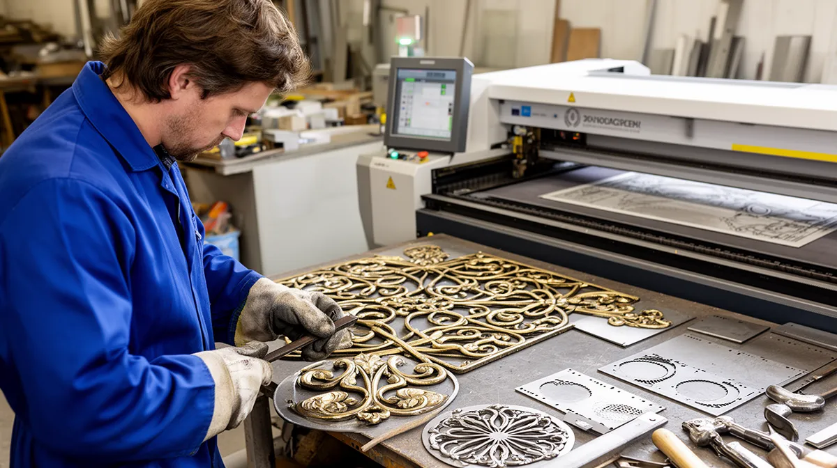 Ferronnerie traditionnelle vs découpe laser, un artisan travaille à côté d'une machine moderne dans un atelier.
