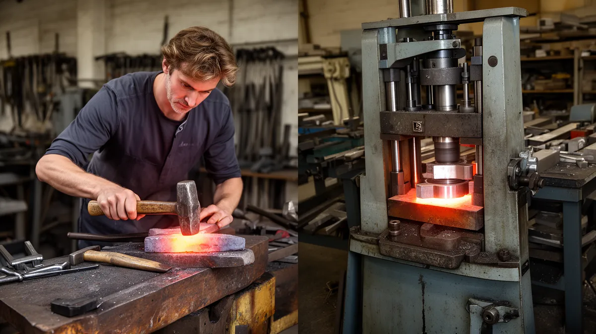 "Forge à la main vs industrielle : comparaison de qualité, un forgeron au travail à côté d'une machine industrielle dans un a