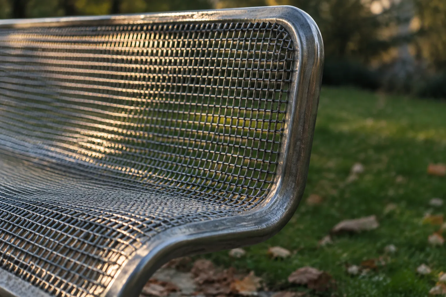 Banc en acier grillagé moderne, reflet doux, arrière‑plan flou d’un jardin.