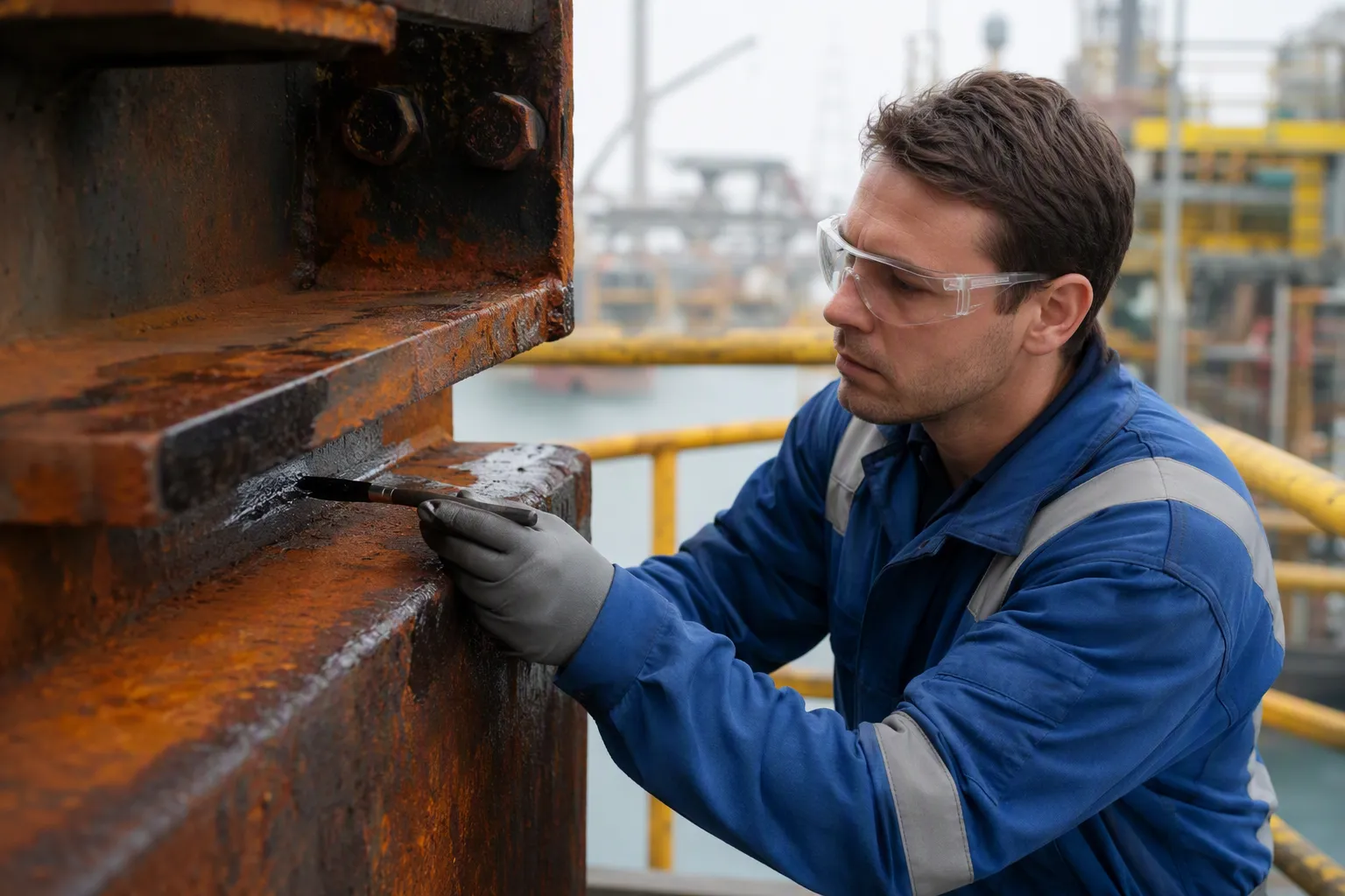 Technicien inspecte et traite une poutre en acier rouillée pour prolonger sa durée de vie.