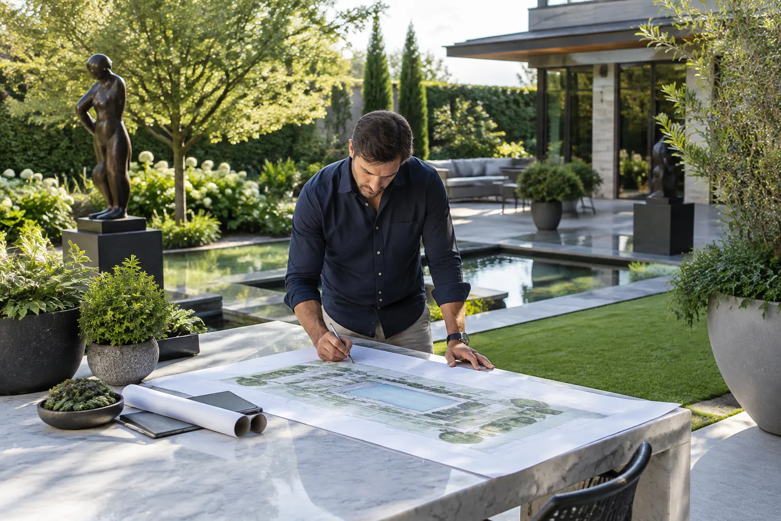 Design extérieur en cours: designer trace un plan sur marbre, entouré de plantes, sculpture et bassin, augmentant la valeur d