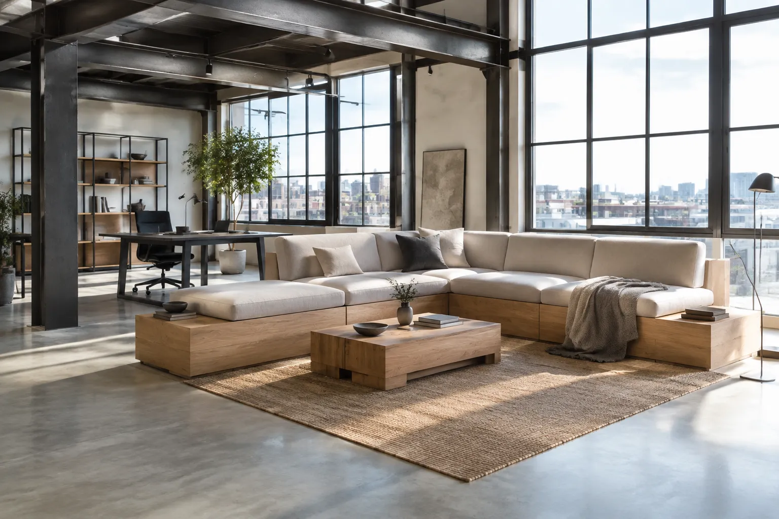 Mobilier sur mesure loft moderne en bois et métal, éclairé par lumière naturelle, ambiance industrielle élégante.
