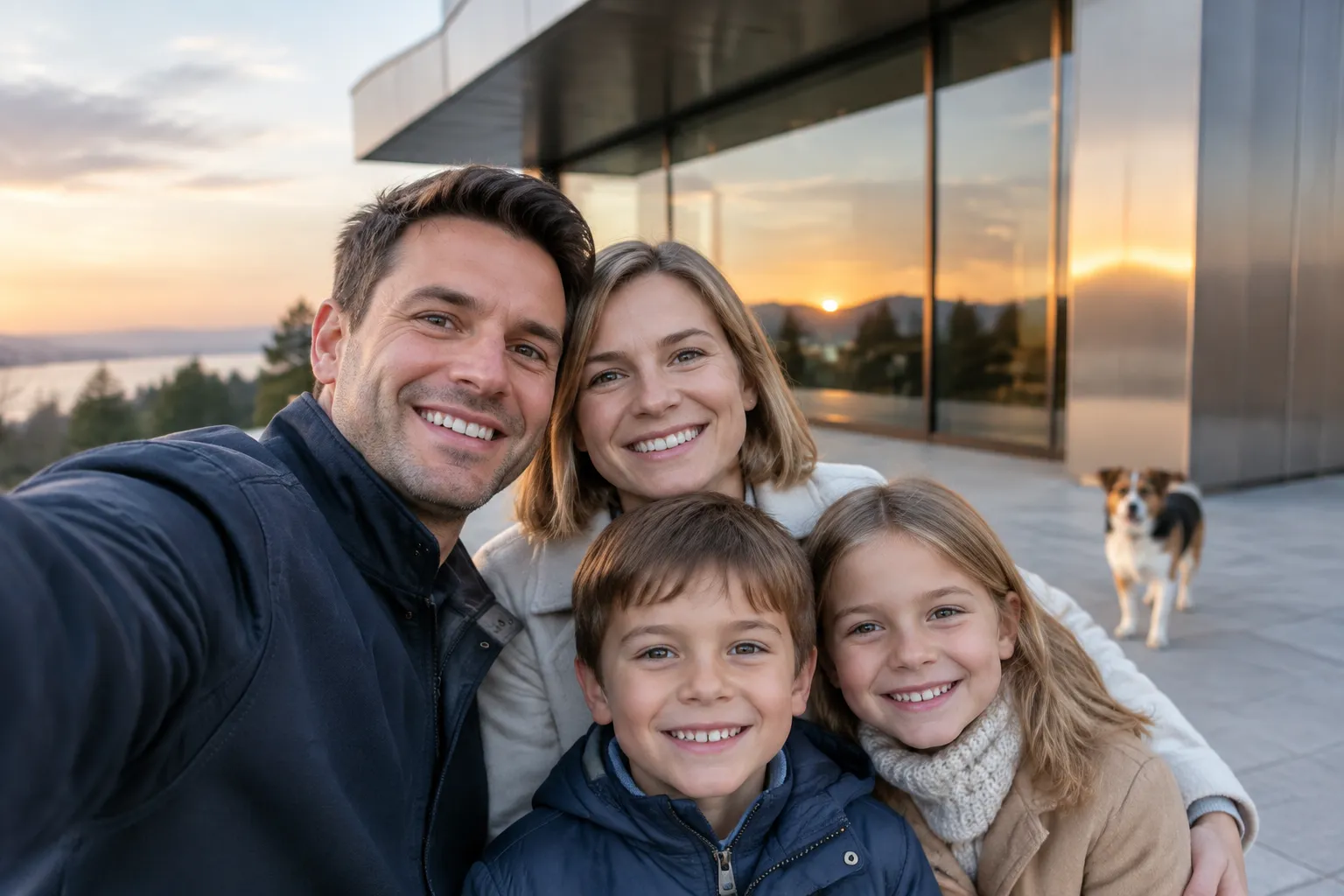 Famille suisse devant façade en acier inoxydable, reflet du coucher de soleil, ambiance chaleureuse.