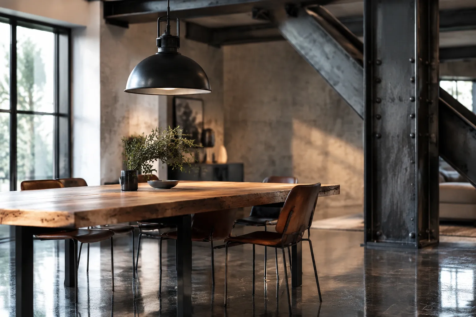 Lampe industrielle en métal suspendue au-dessus d'une table bois brut, reflet sur sol en marbre, décor industriel maison.