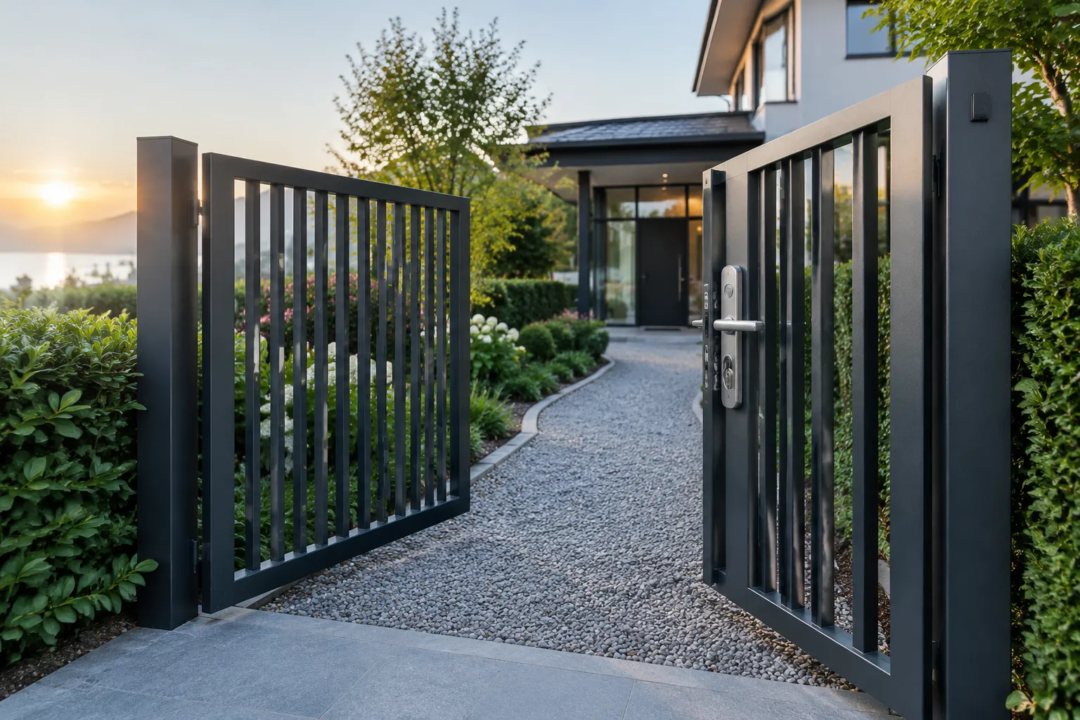 Portail sécurisé en acier avec serrure double cylindre, ouvert sur un sentier vers une porte moderne.