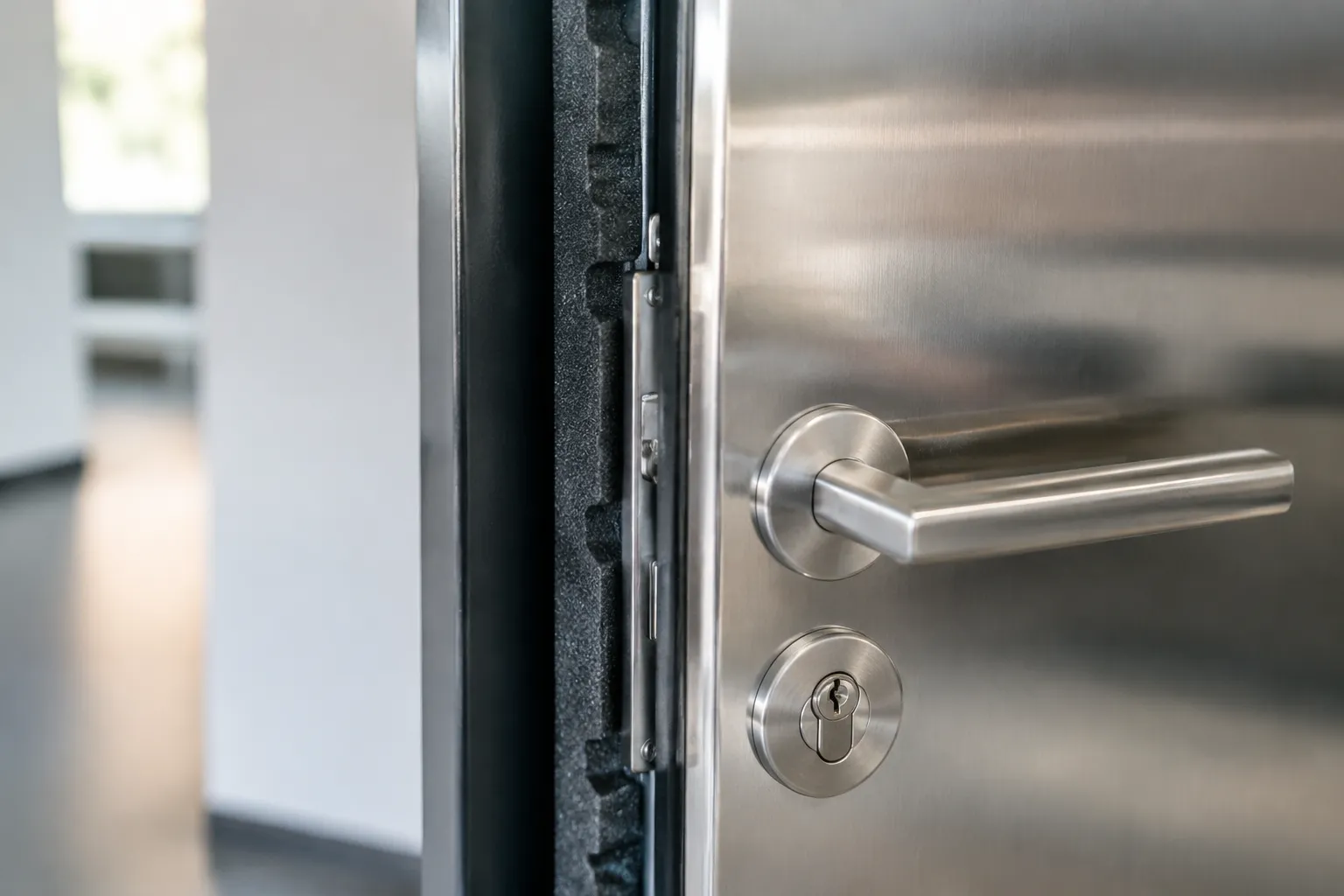 Photo close‑up d’une porte métallique avec isolation phonique en mousse acoustique visible.