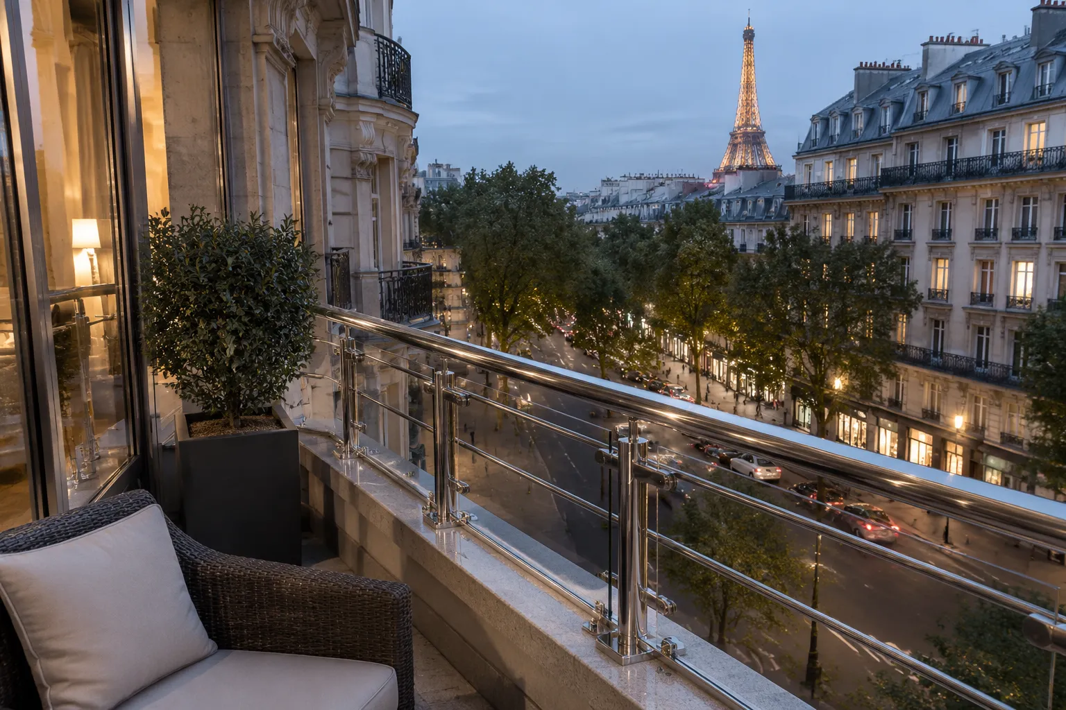 Garde-corps balcon en acier inox poli reflétant les néons de la rue parisienne.