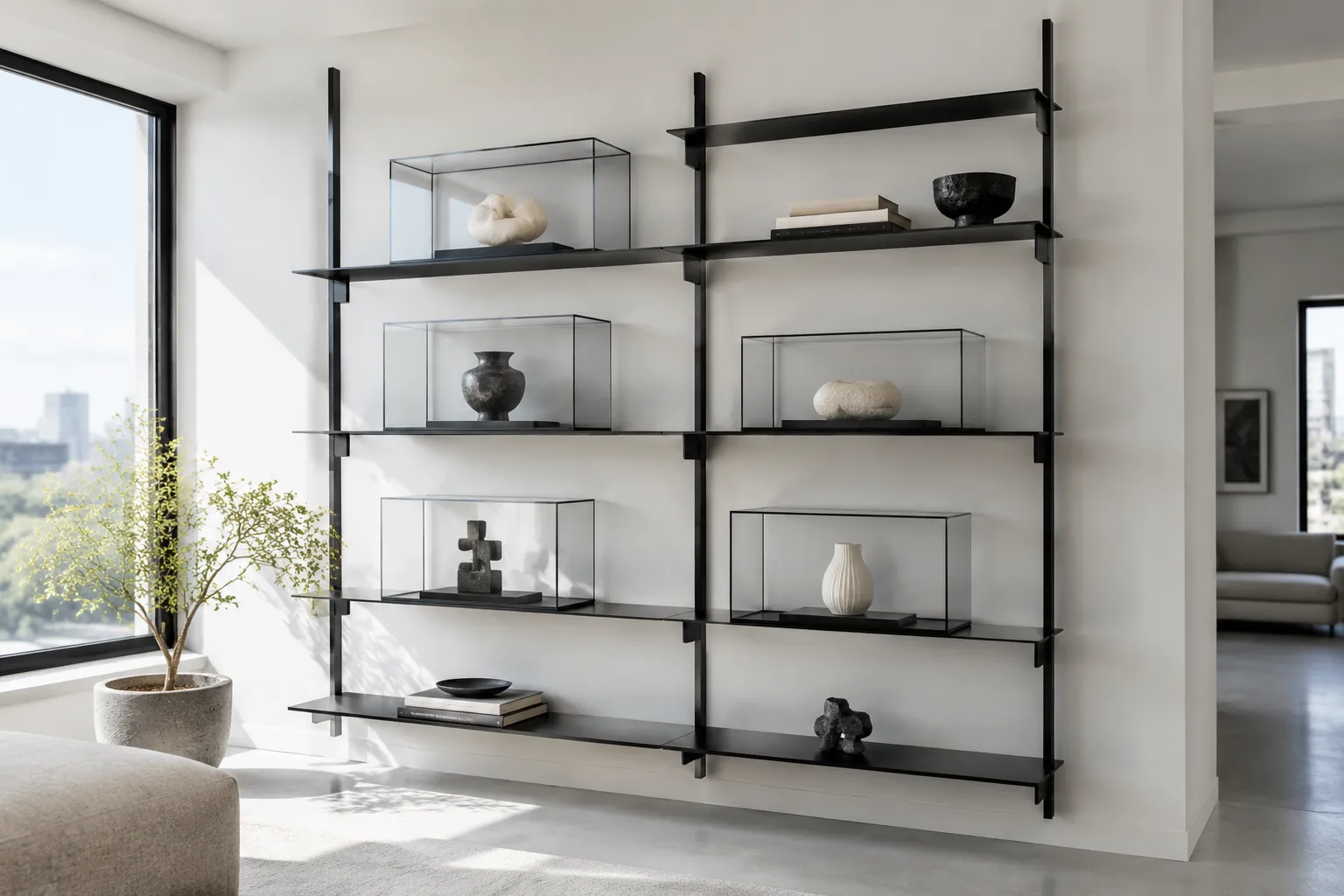 Meuble métal minimaliste intérieur, étagère noire en acier avec vitrines en verre, lumière naturelle, décor épuré.