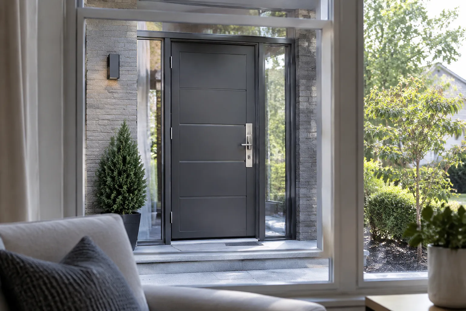Porte en acier sécurisée avec verrou moderne, image photoréaliste de sécurité domestique.