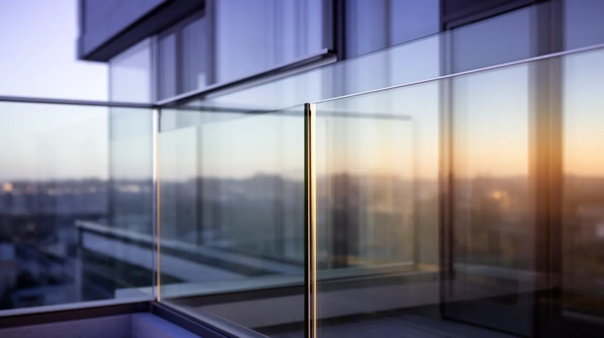 Fenêtre panoramique avec vue sur la ville au coucher de soleil.