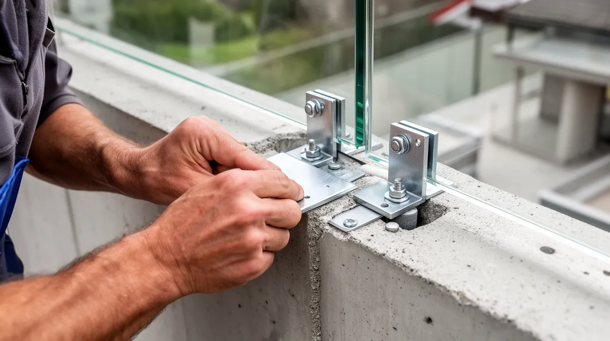 Mains d'un ouvrier installant un support en métal sur un mur en béton.