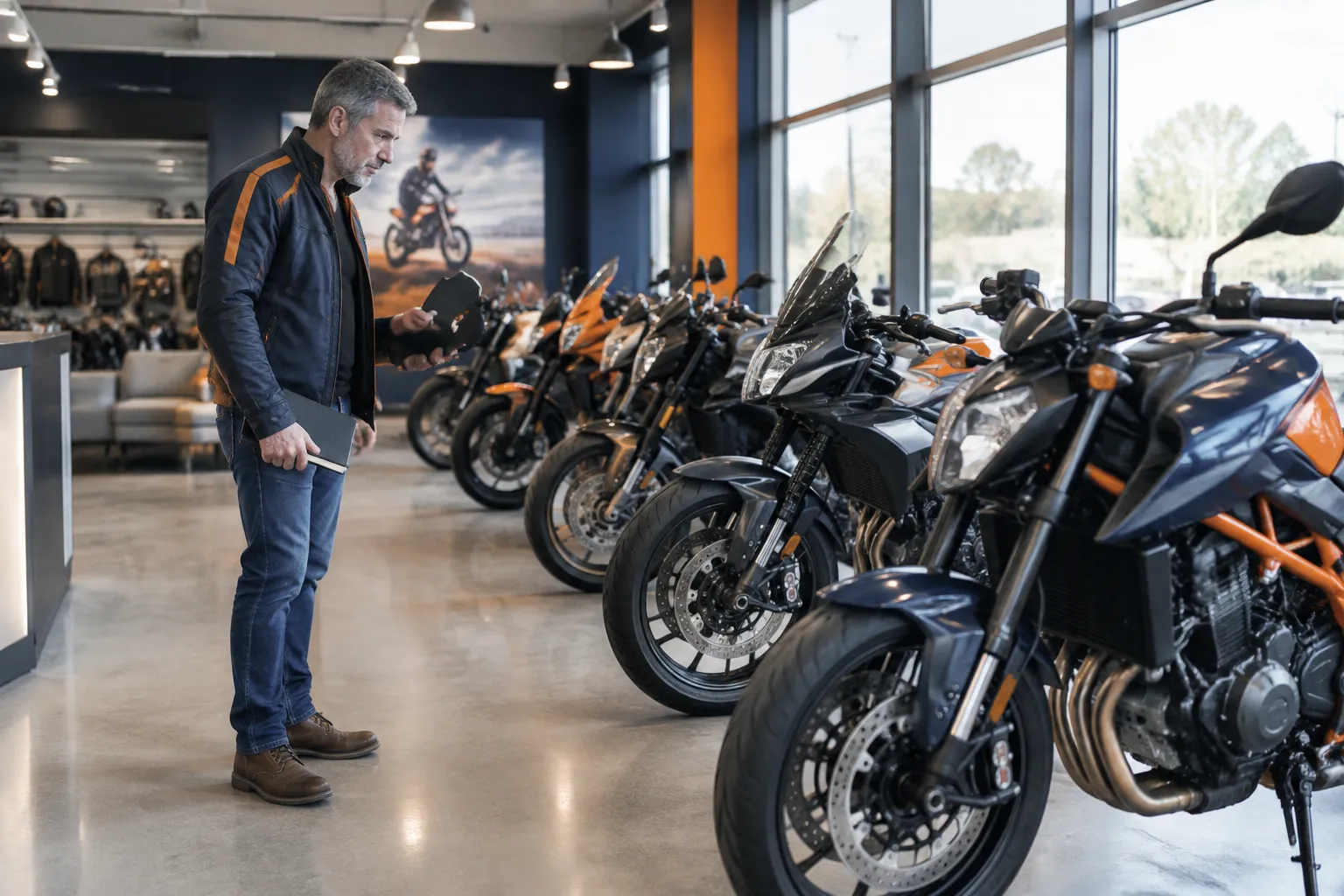 Homme inspectant une rangée de motos dans un showroom.