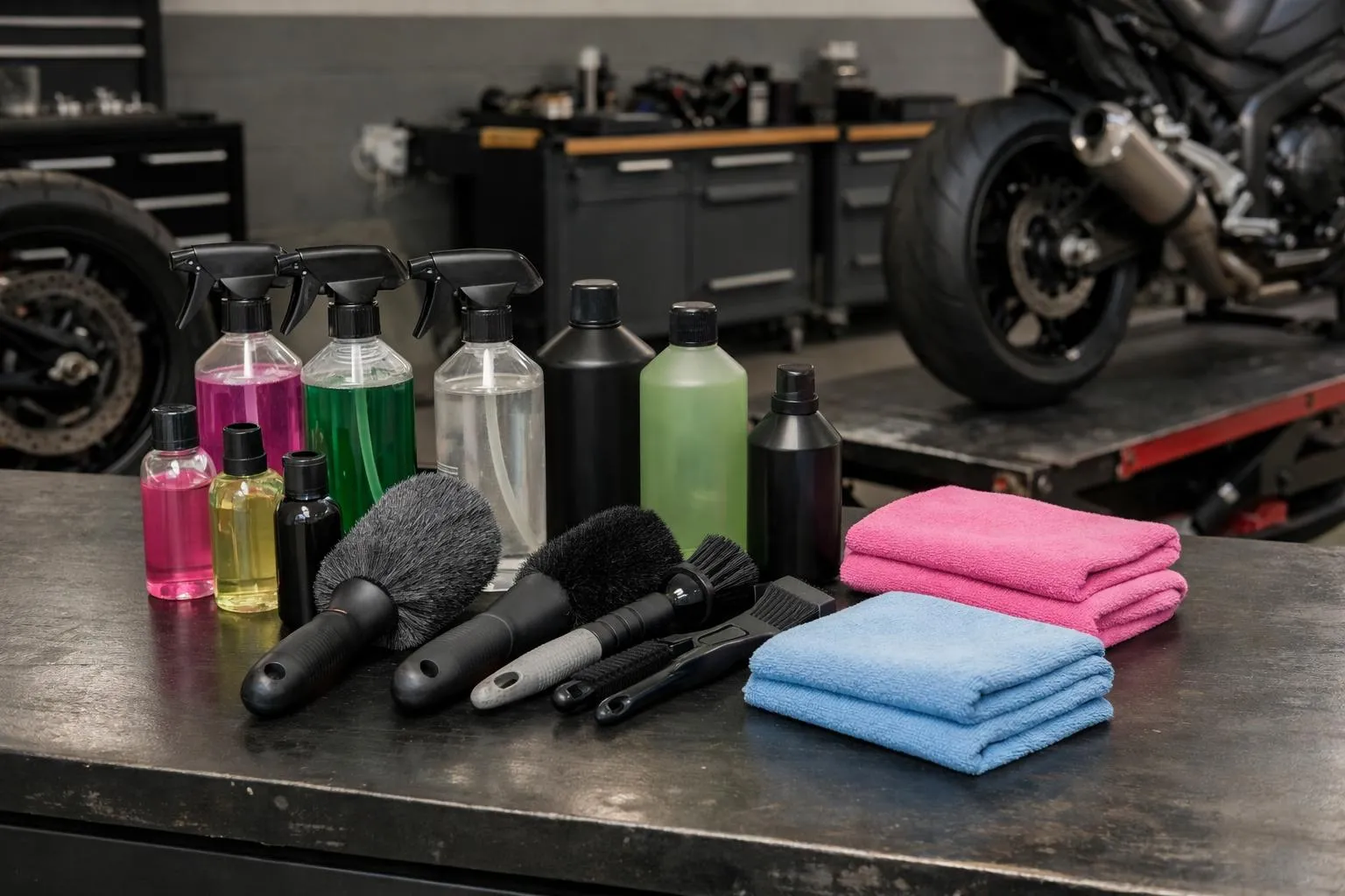 Équipement de nettoyage et d'entretien de moto dans un garage.