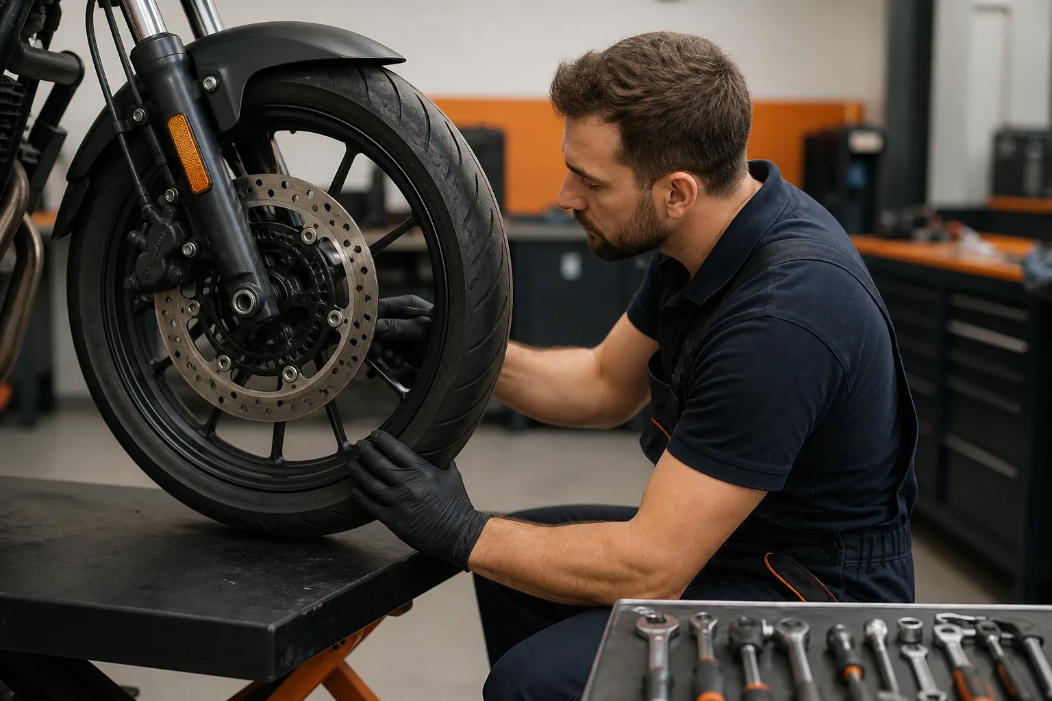 Mécanicien réparant une moto dans un atelier.
