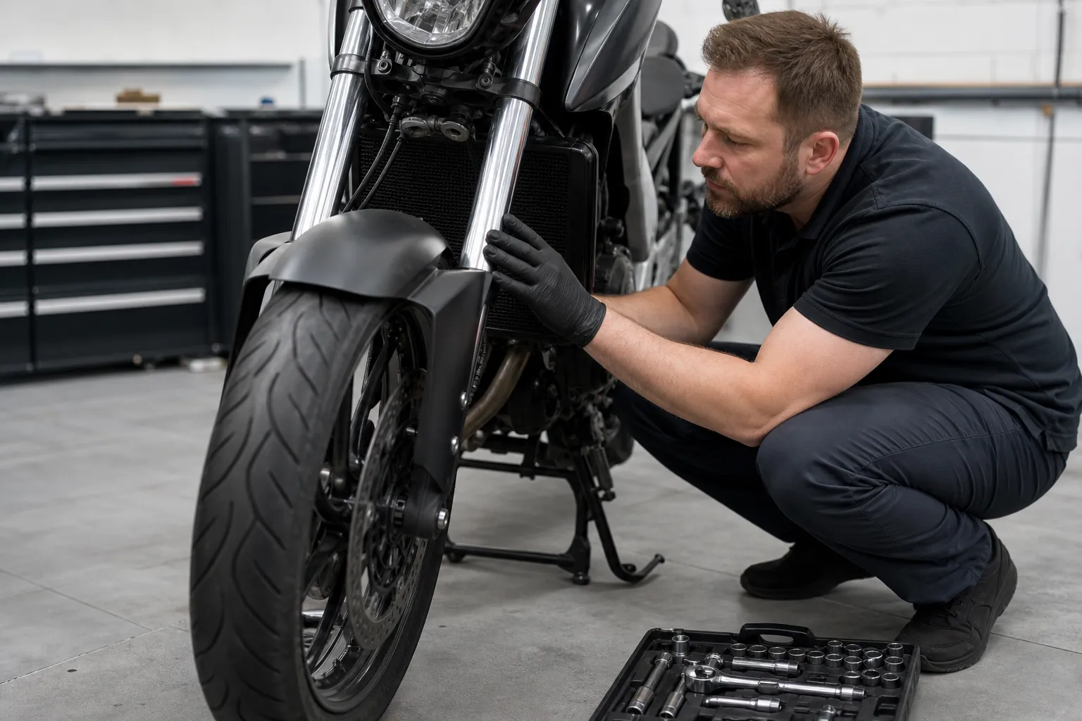 Mécanicien réparant une moto dans un atelier.