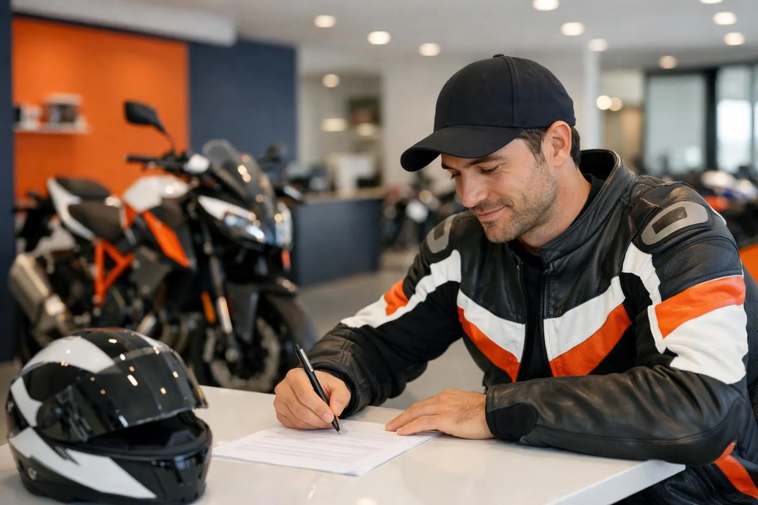 Un homme en veste de moto signant un document dans un magasin de motos.