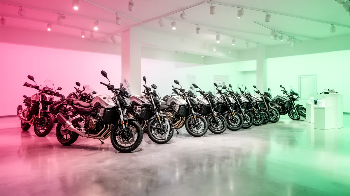 Rangée de motos de sport noires dans un showroom lumineux.