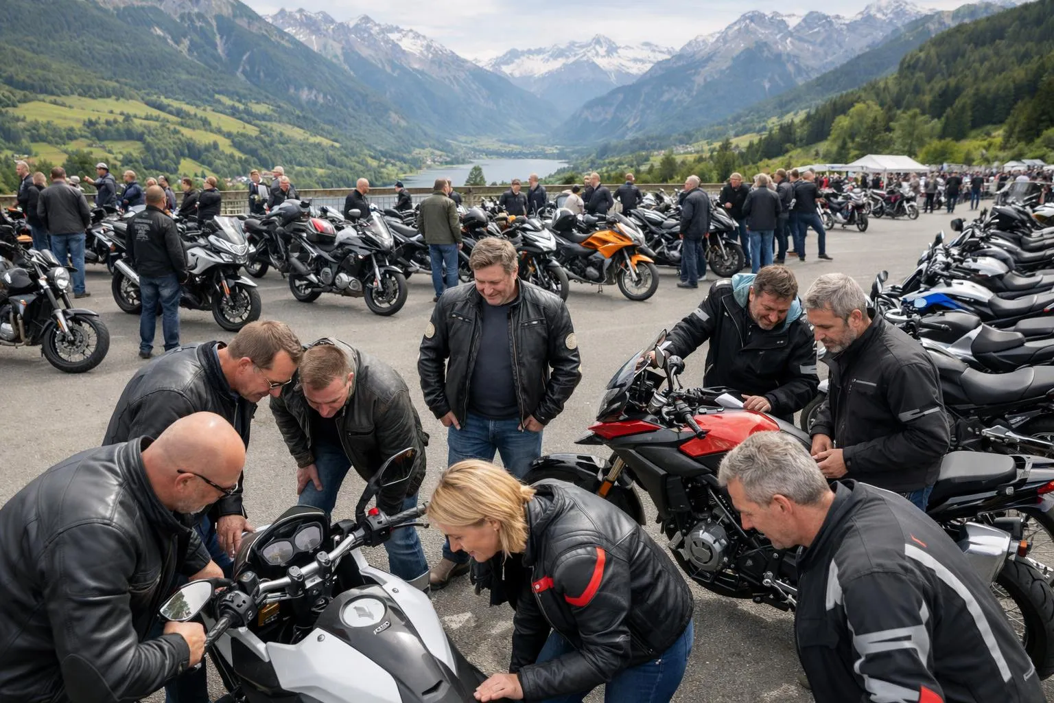 Rassemblement de motards dans un paysage montagneux.