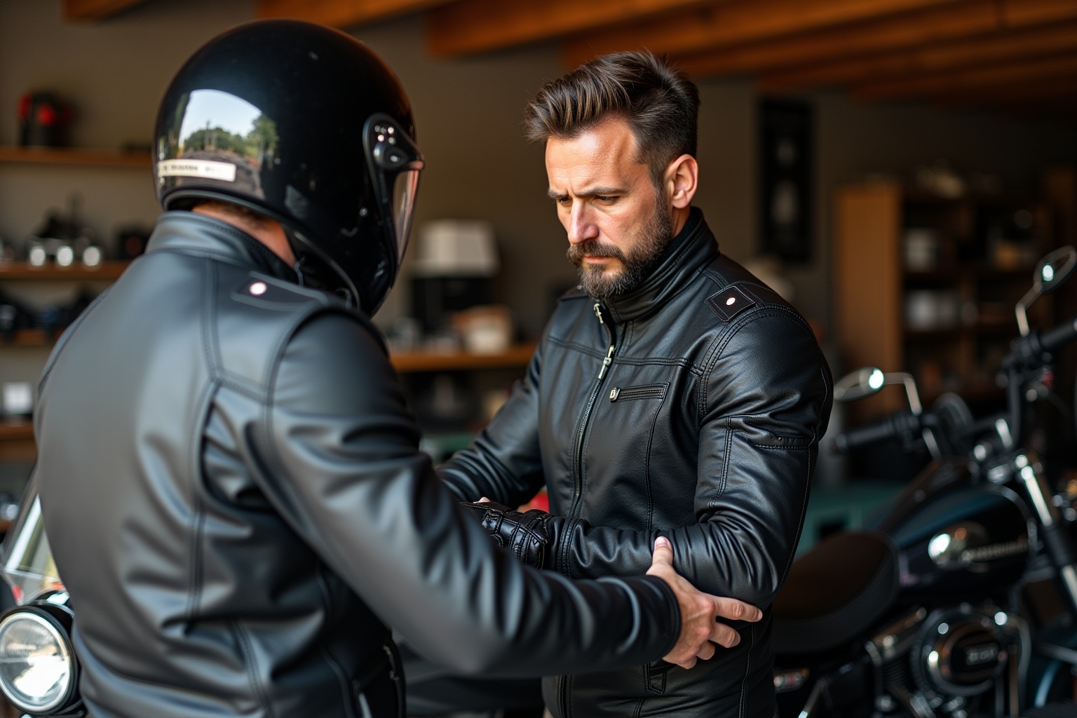 Deux hommes en veste de moto se serrant la main dans un garage.