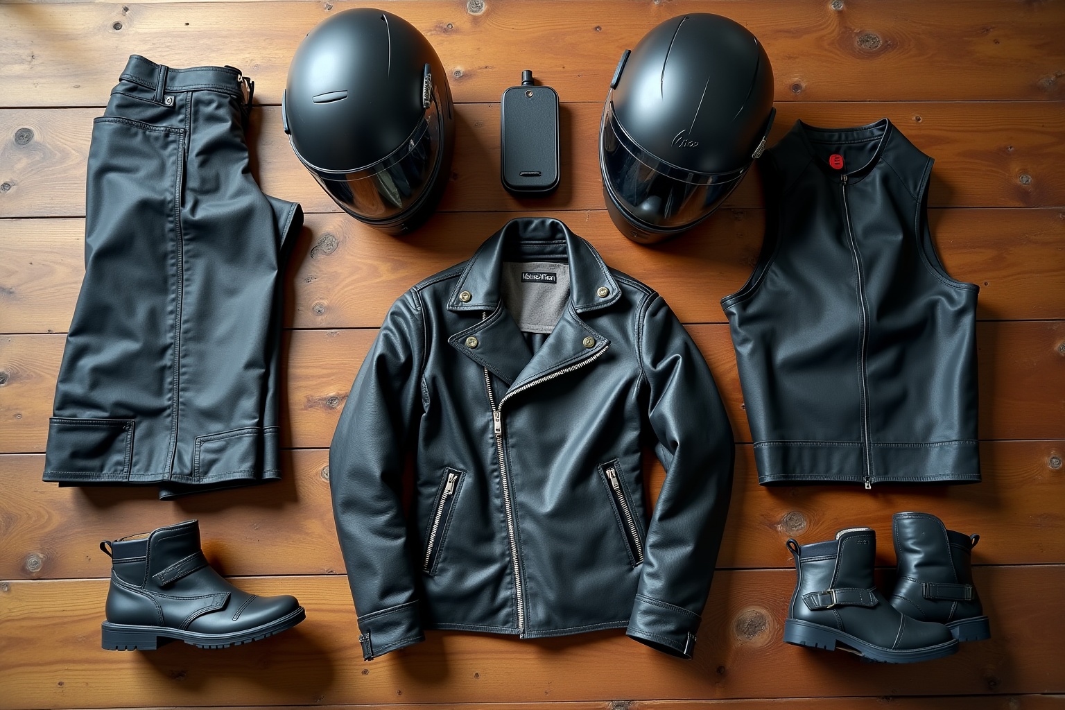 Équipement de motard en cuir noir, comprenant casques, veste, pantalon et bottes.