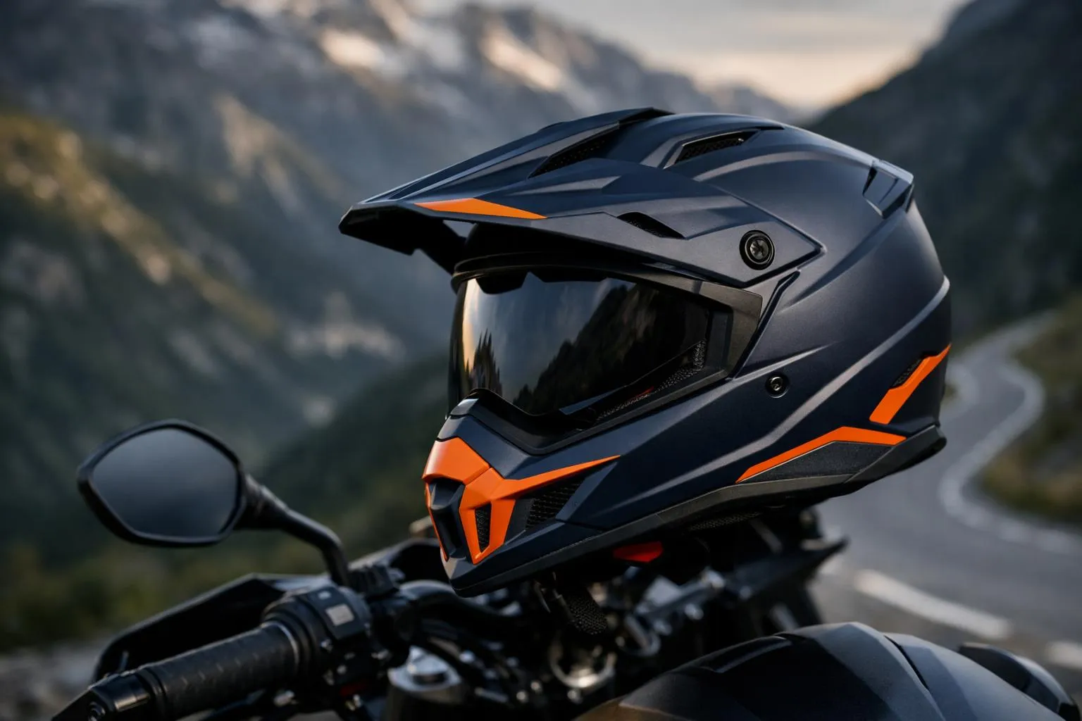 Un casque de moto d'aventure moderne avec des lignes de design agressives et un système de ventilation, sur un guidon de moto avec un arrière-plan flou de route de montagne suisse, un éclairage latéral dramatique soulignant les contours et le fini mat, style de photographie de produit