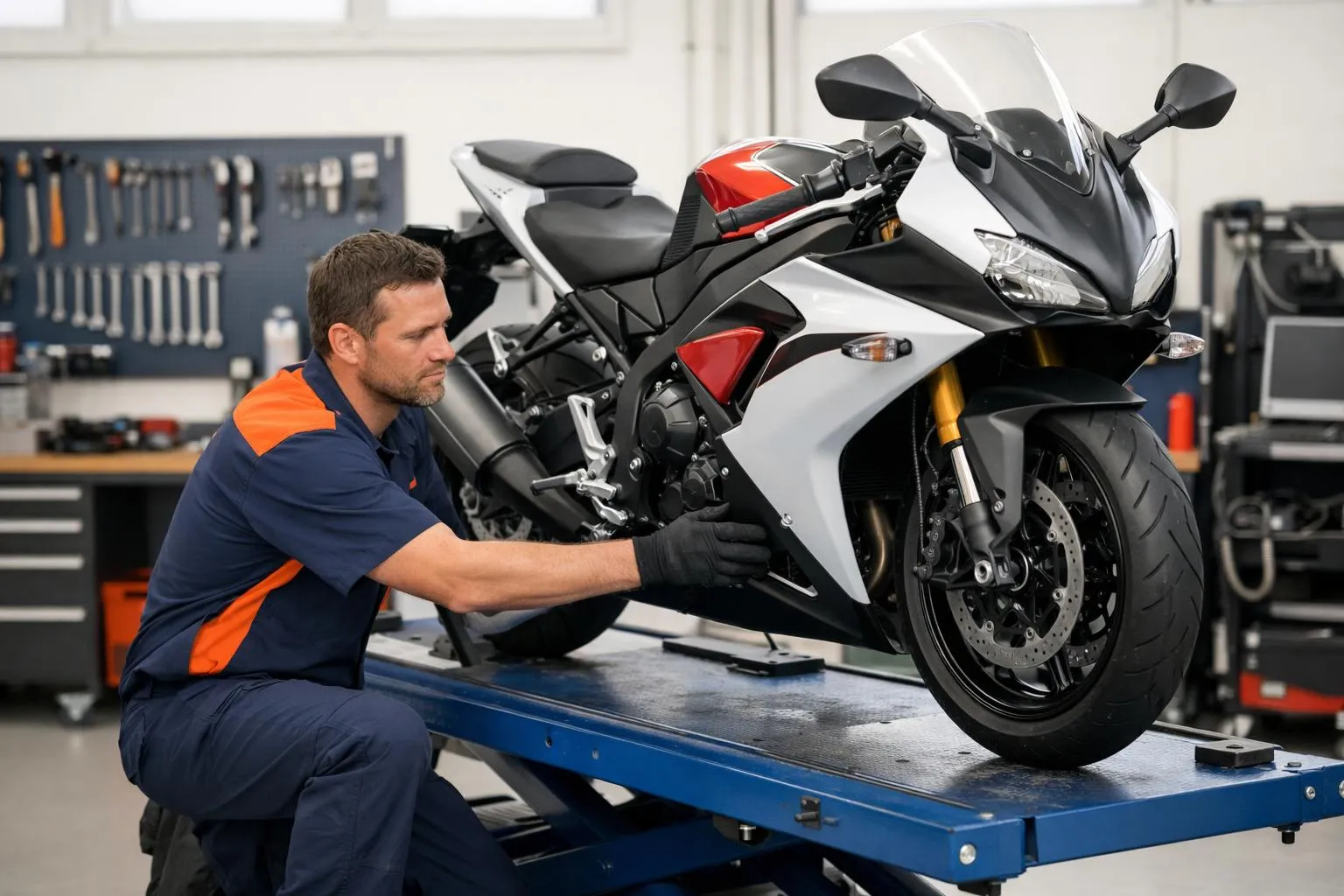 Mécanicien examinant une moto de sport blanche et rouge sur un support.